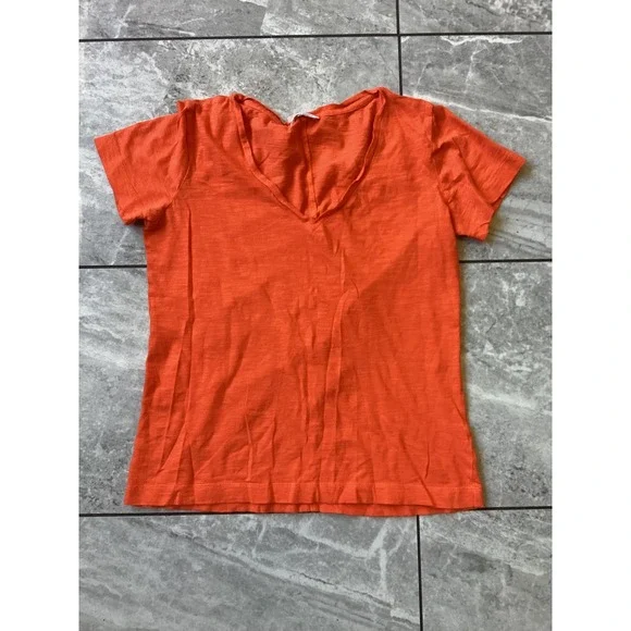 Club Monaco Womens XS Orange V-Neck Slub Cotton Short Sleeve T-Shirt 0996 - Picture 1 of 8
